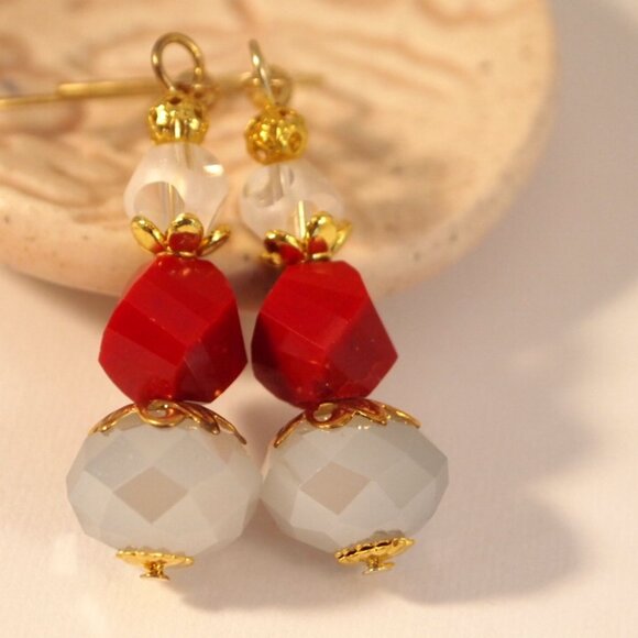 Faceted Glass Earrings Red and Grey Dangle Pierced or Clip-on Earrings - Picture 6 of 8